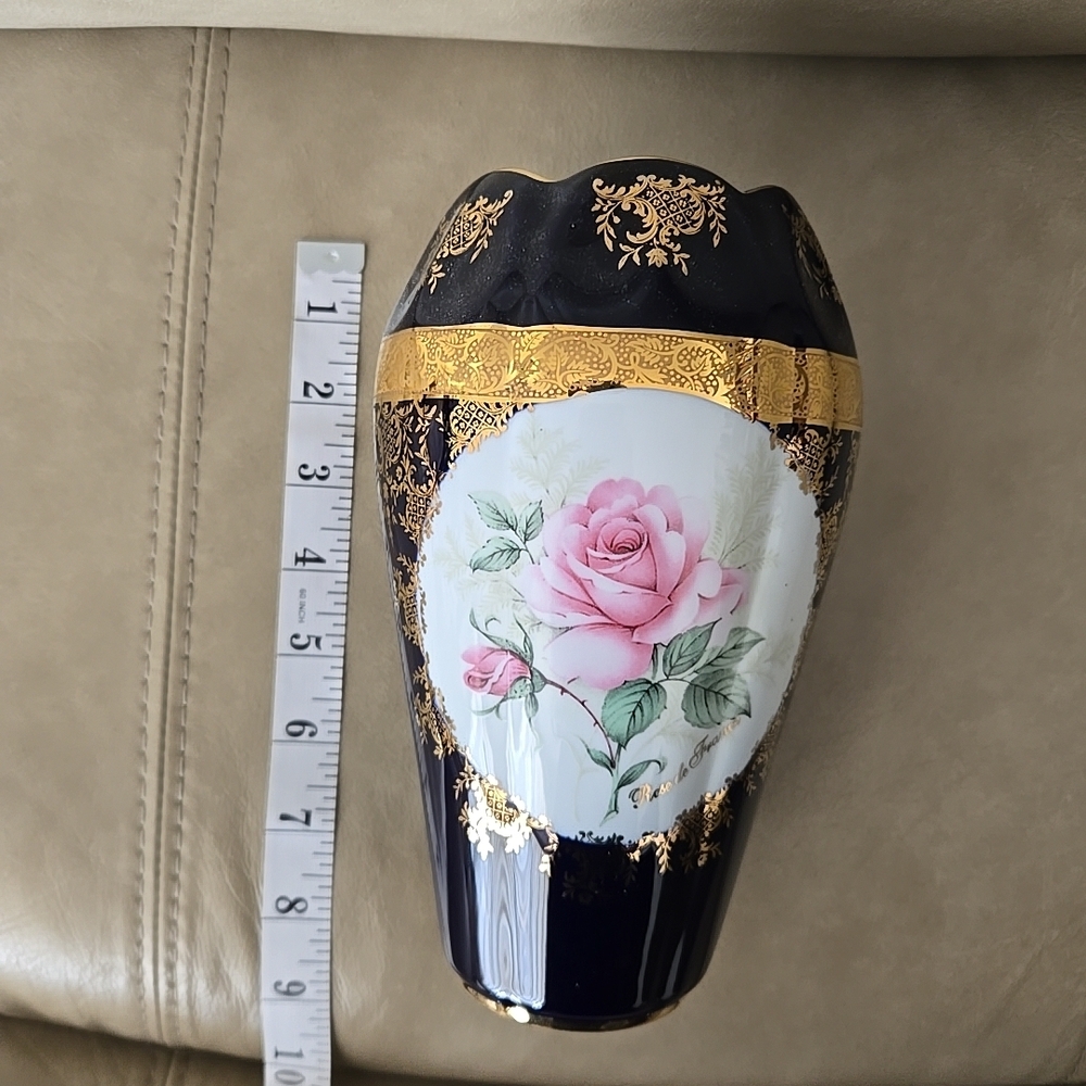 Limoges France Elegant Cobalt Blue Floral Vase with Gold Accents